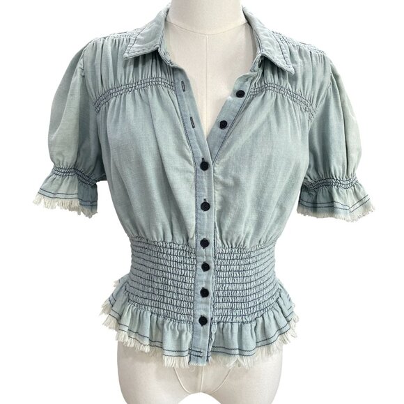 Pilcro Smocked Peplum Puff Sleeve Top Coquette Soft Romantic Dainty Cottagecore - Picture 5 of 10